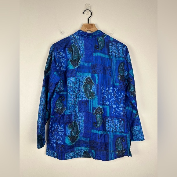 Vntg Chico's Design Silk Raw Blue Paisley Beaded Button Up Jacket Blouse Sz 1 - Picture 7 of 10